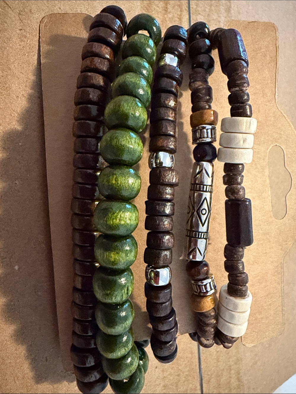 Boho Multi-Strand Green and Brown Beaded Bracelet Set